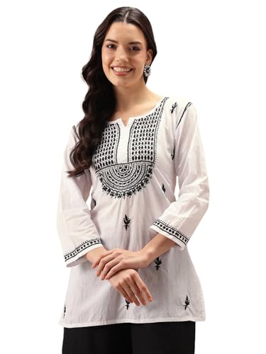 Image of Ada Women's Cotton Regular Fit Tunic Hand Embroidered Lucknow Chikankari Short Top Kurti A100554