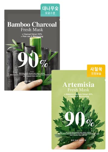 Bring Green Bamboo Charcoal + Artemisia 90% Fresh Mask (10 Count Each) Bundle #TOP11