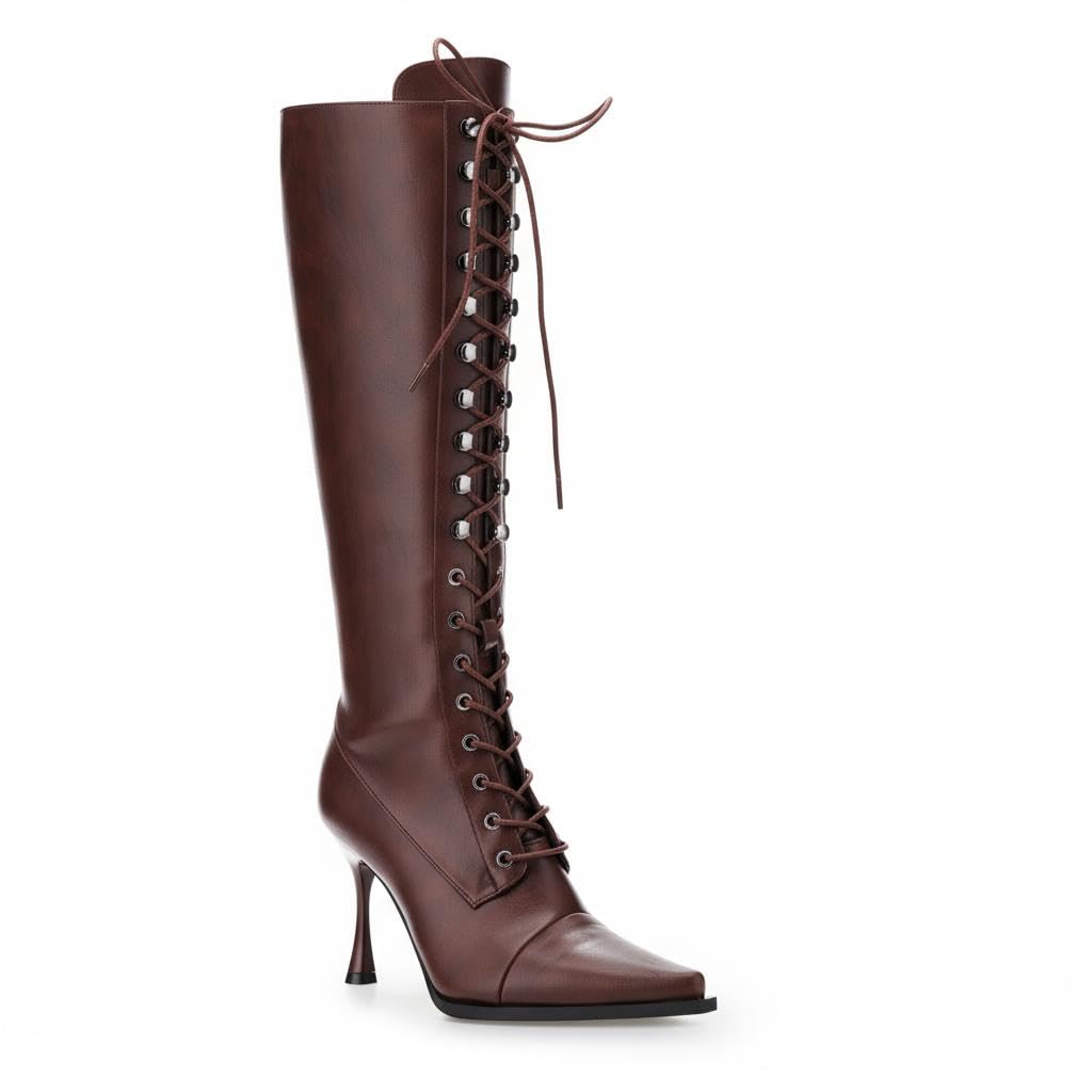 heelchic Stylish Womens Fashion Boots - Pointed Toe High Heel Adjustable Strap Premium Full-Grain Leather Knee-High