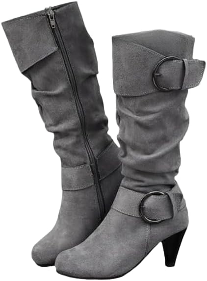 Women's Knee High Low Hidden Wedge Boots Suede Faux Fur Lining Side Zipper Knee High Buckle Boots