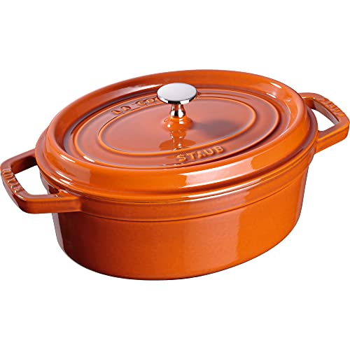 Staub Cocotte ovalado de hierro fundido, horno holandés, 5.75 cuartos de galón, sirve de 5 a 6, fabricado en Francia, naranja quemado