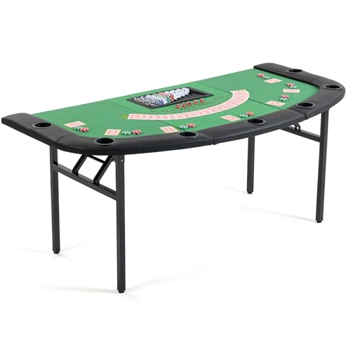 WENTUM Foldable Poker Table 8-Player Unique Fan-Shaped Game Table with Cup Holders & Chip Trays Portable Casino Table for Texas Holdem Blackjack Home Game Nights Green