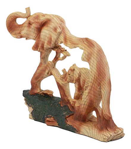 Ebros Elephant And Baby Walking In The Jungle Statue 9" Long Faux Wood Resin Wildlife Safari Elephant Family Scene Figurine #TOP1