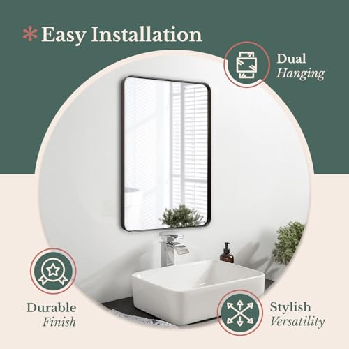 Hamilton Hills 24x36 Inch Metal Black Frame Mirror for Bathroom - Brushed Rectangular Rounded Corner Vanity - 2" Deep Set Design Large Wall Mirrors Decorative - Hangs Horizontal and Vertical