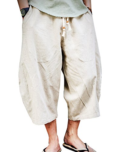 LaoZanA Homme Sarouel 3/4 Shorts Bermudas Pantalon Taille Elastique Baggy Large Pantacourt Décontracté Léger Pantalon en Lin Beige XL