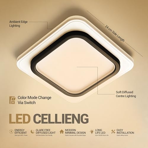Image of LED Ceiling Light 50W - Black Square Panel, 3 Color Modes, Eye Protection, CRI ≥97, 24cm for Bedroom | Studyroom | Corridor