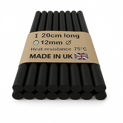 Made in The UK hot melt Glue Sticks for Glue Gun 20cm long 12mm diameter- Versatile Hot Melt Adhesive for Arts & Crafts, Product Assembly, and More (10, BLACK)