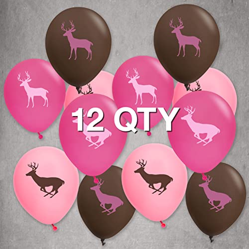 Hunting Pink Buck Party Balloons (12 Pcs)! Large, 12” Latex Balloons, Pink & Brown With Contrasting Deer Silhouettes On 2 Sides. Great For Pink Camo Hunter Girls Party. Made In Italy! By Havercamp #TOP4