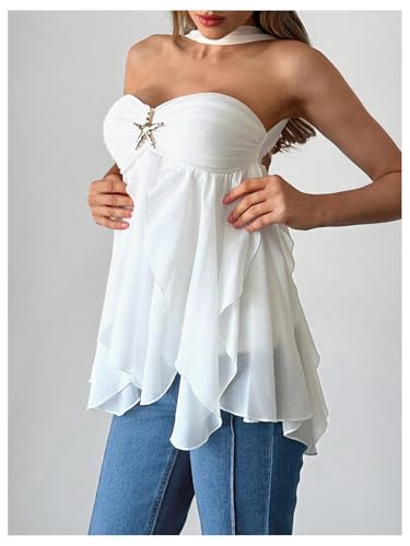 MakeMeChic Women's Y2K Halter Metal Starfish Ruffle Tank Tops Asymmetrical Tie Open Back Tops4