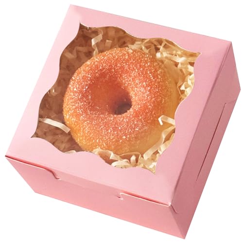 qiqee Pink Bakery Box with Window 4x4x2.5 inch 30Packs Macaron Boxes Small Donut Pastry Boxes for Party Mini Cookie Boxes