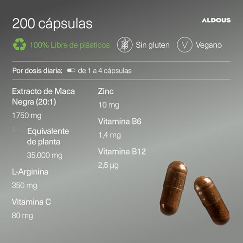 Miniatura 3 de Maca Negra Peruana Complex 35.000 Mg - Ultraconcentrada - 200 Cápsulas - Arginina, Zinc, Vitamina C, B12 Y B6 - Maca Peruana Extracto 20:1 - Aumenta Energía, Vitalidad - Libre De Plástico - Aldous