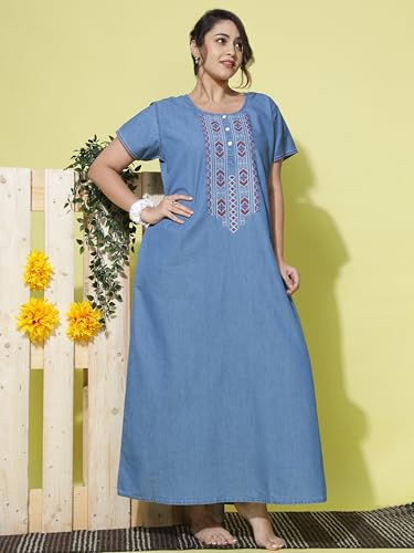 Image of 9shines Label Stylish Denim Cotton Nighty Maxi for Women | Full Length Trendy Nightgown | Premium Nightdress | Nightwear | Embroidery Nighty with Pocket (9SDS)