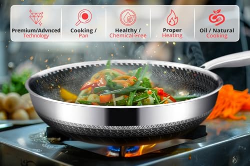 Miniatura 3 de Intignis Wok Con Tapa Apta Para Horno, Cocina Antiarañazos, Artículos Esenciales Para El Hogar, Para Saltear, Asar, Asar, Asar, Sartén Grande De Acero Inoxidable De 30 Cm