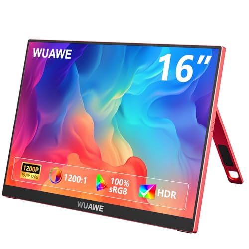 Image of WUAWE Portable Monitor 16 inch Gift for Girls, 1920x1200P FHD 100% sRGB for Drawing & Design, USB C HDMI External Screen Ultra-Thin Metal for Laptop /Mac /Phone /Xbox /PS5(Red)