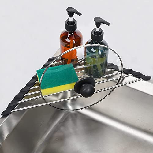 AMOMYDOG Abtropfgestell Geschirr, 2 Stück Dreieckiger Abtropfgitter Edelstahl, Abtropfgitter Spüle Faltbarer Abtropfständer Aufrollbares Geschirrabtropfgestell für Trocknen Obst Gemüs (Schwarz) Cover