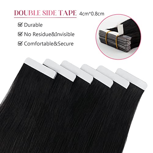 Image of Sixstarhair Jet Black Tape In Hair Extensions Human Hair 20 Pieces Natural Black Hair Extensions Made of 100 Remy Human Hair and Double Side Tape [Color 1 Jet Black 16inch]
