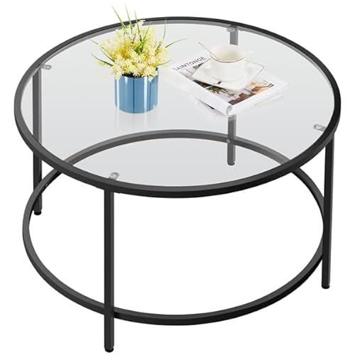 Yaheetech Mesa de Centro Redonda Mesa de Cristal con Marco de Acero Mesa de Salón Mesa de Café de Cristal Templado 80 x 80 x 45 cm Estilo Moderno Negro
