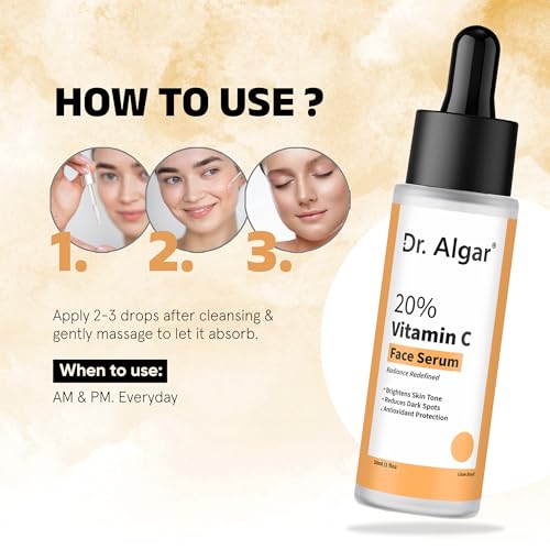 Image of Dr. Algar 20% Vitamin C Face Serum for Skin Brightening & Radiance | Helps Reduce Pigmentation, Dark Spots & Uneven Skin Tone | Lightweight Formula for All Skin Types