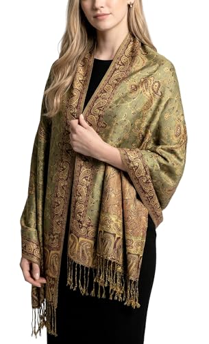 Achillea Soft Silky Reversible Paisley Pashmina Shawl Wrap Scarf w/Fringes (Sage Green)