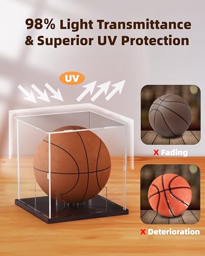 Image of Fitense Basketball Display Case Acrylic Clear, UV Protected Basketball Stand Box Full Size with Solid Wood Base, Soccer Display for Autographed Standard NBA WNBA Ball Memorabilia Keepsake, Ideal Gift
