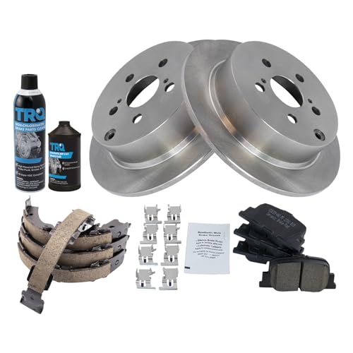 Image of TRQ Rear Brake Pad & Rotor Kit, with Chemical Kit Parking Brake Shoe Set Ceramic Compatible with 2005-2010 Scion tC