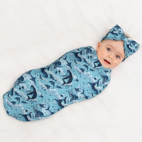 Image of Sea Waves Dolphins Sharks Whale Octopus Baby Stuff Swaddle Blanket Wrap Baby Newborn Blanket Soft Stretchy with Headband Hat Set Gift for Infant Boy Girl