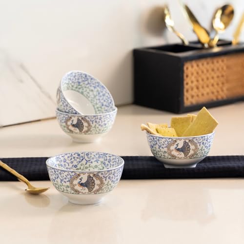 Image of GOLDEN QUEEN'S Porcelain Mini Bowl Set of 6 | Perfect for Dips, Chutneys, Dessert, Nuts, Pickles, Bites | Microwave Safe - Indian Peafowl Bowls, Multicolor, 120 Ml