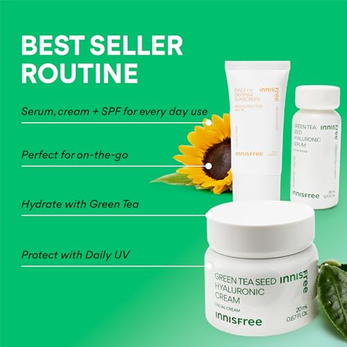 Image of innisfree Hydrate & Protect Mini Set, Korean Serum, Cream & Sunscreen with Green Tea and Hyaluronic Acid, Travel Skincare Trio