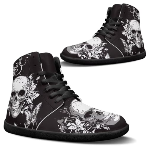 Binienty Punk Skull Minimalist Barefoots Men Women High Top Lace Up Desert Boots Zero Drop Sole Non Slip Ankle Support Wide Toe Box Barefoot Flats for Outdoors Camping Hunting, US 8.5