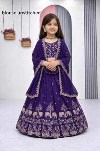 Image of Kids Chiffon Lehenga Choli, Embroidered Elephant and Floral Print, Festive Ethnic Wear with Dupatta