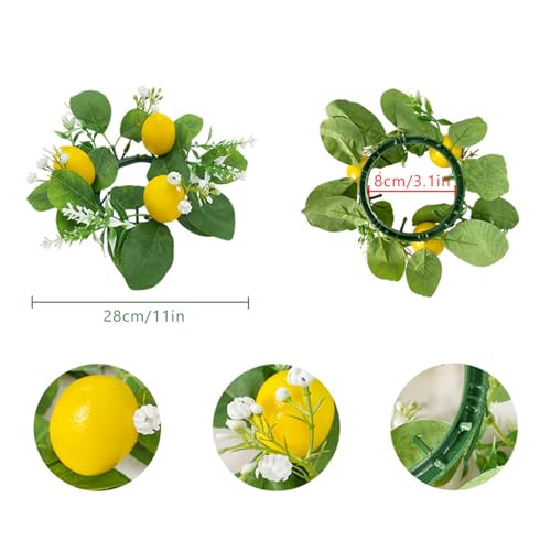 4 Pcs Lemons Candle Rings Wreaths Decorative Greenery Candle Holder with Yellow Lemons and White Flowers Mini Wreaths 3inch Center for Home Kitchen Table Centerpiece
