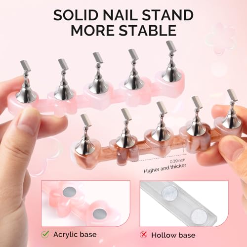 Image of MelodySusie Nail Stand for Press Ons, Flower and Heart Shape Magnetic Base for Painting Display with Brush Holder and 100 Pcs Reusable Double-Sided Tape for Home DIY Salon Supplies, Pink and Coffee