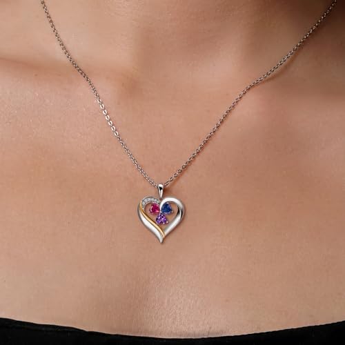 925 Silver and 10K Yellow Gold Customized and Personalized 3 Stone 5MM Heart Shape Gemstone Birthstone and White Lab Grown Diamond Name Engraved Pendant Necklace For Women with 18 inch Chain4