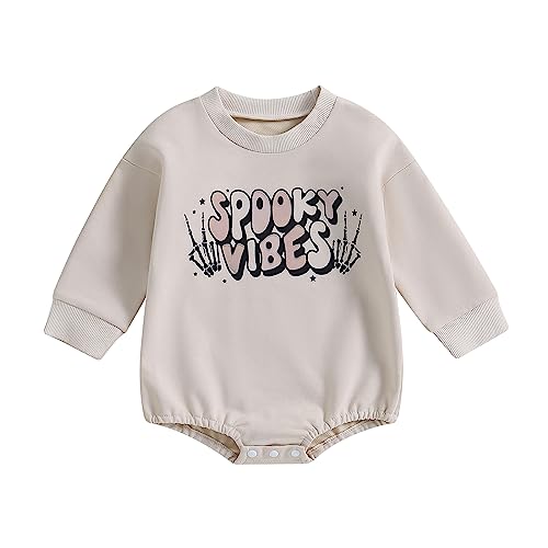 Image of Endorothii Baby Halloween Clothes Girl Boy Spooky Babe Pumpkin Romper Sweatshirt Long Sleeves Bubble Bodysuit Outfit