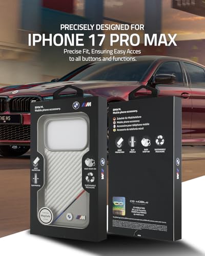 Image of CG MOBILE BMW [Official Licensed] Protective Case Designed for iPhone 17 Pro Max |Magnetic Compatible|M Collection|Pu Leather Case Carbon & Tricolor Stripe with Metal Logos -Silver
