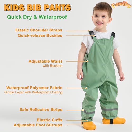 Fewlby Kids Waterproof Trousers, Rain Trousers Bib Overalls Boys Girls Rain Dungarees Wind and Waterproof Mud Pants Toddler Outdoor Rainwear with Reflective Strips, 2-3 Years - Image 3