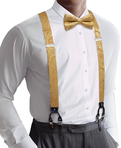 Image of YOHOWA Men Suspenders 6 Clips Strength Adjustable Y Braces Pre-Tied Bow Tie Set Formal Wedding Party