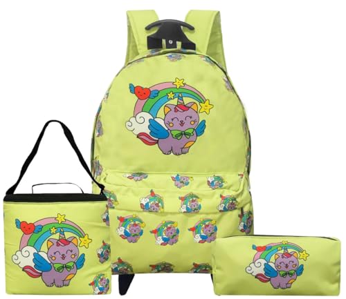 Kit Mochila Escolar Infantil Gatinha Unicórnio Arco-íris Rodinhas Impermeável Menina Lancheira Térmi