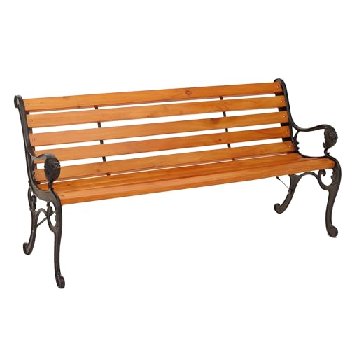 Mendler Banc de Jardin HWC-O25, Banc 3 Places en Bois et Fonte, 164 cm Teck