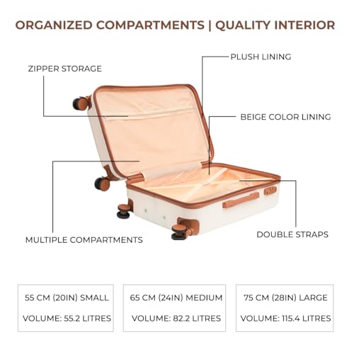 Image of Mode Maestro | Hard-Sided Polycarbonate Trolley Suitcase | 360 8-Wheel Easy Drag| Brown Color Accessories| Light-Weight | TSA Lock |3-Yr Warranty | Check-in Luggage Bag 24in (65cm (M), White)