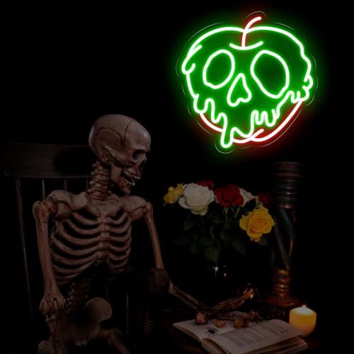 Image of Poison Apple Skull Neon Sign, Evil Poison Apple Wall Art, Halloween Decor