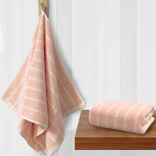 2-Pack Premium Stripe Cotton Hand Towels with Hanging Loop - 13x28 Inch Medium Weight 420GSM Ultra Absorbent Daily Bathroom & Face Towels Soft Comfortable Durable Pink Ground Beige Stripe Design