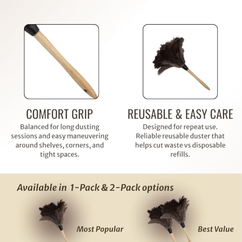 Image of Ostrich Feather Duster with Wooden Handle 14 inch - Natural Reusable Feather Duster for Cleaning, Furniture & Shelves, Blinds, Ceiling Fan, Dusting Tool for Home, Office, Delicate Surfaces - 1 Pack