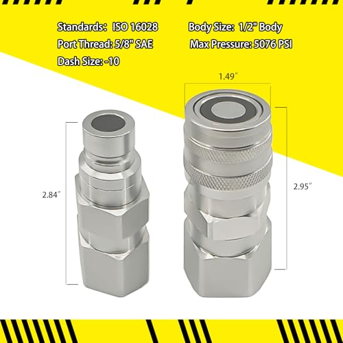 Image of 5 /8 inch SAE -10 Flat Face Hydraulic Quick Connect Coupler Set for Skid Steer Loader, 1 /2 inch Body ISO16028 Heavy-Duty Carbon Steel Coupling with Dust Cap