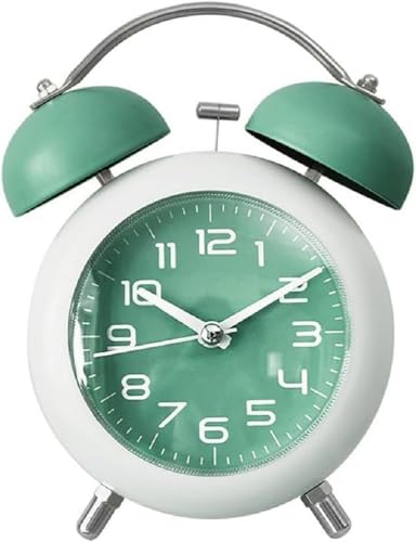 Image of Alarm Clock Analog Table Clock with Twin Bell Design and Numbered Dial, Desktop Timepiece (Alloy Steel Twin Bell Green)