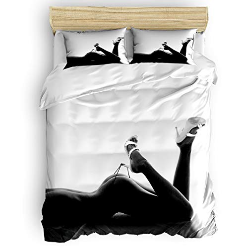 Super Sale 🛒 Luxury 4 Piece Bedding Set California King, Black White Portrait Nude Naked Girl with High Heel Duvet/Comforter/Quilt Cover Set with Bed Sheet Pillow Shams for Kids/Teens/Adults/School