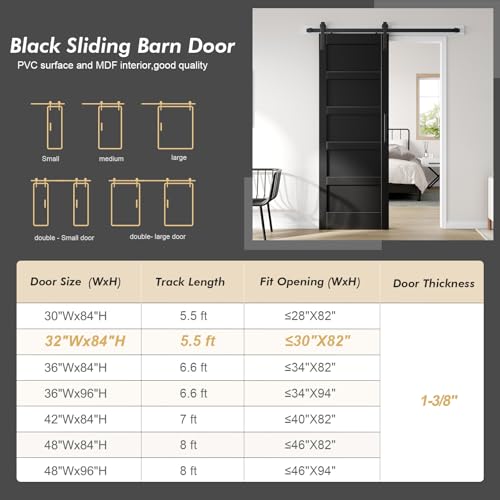 Image of Fredbeck 32x84 inch Black Barn Door Interior,Sliding Doors with Hardware