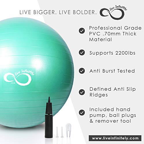 Live Infinitely Exercise Ball (55cm-95cm) Extra Thick Professional Grade Balance & Stability Ball- Anti Burst Tested Supports 2200lbs- Includes Hand Pump & Workout Guide Access (Mint, 75 cm) - Thumbnail 2