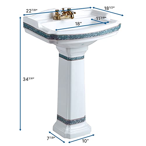 Renovators Supply Manufacturing India Reserve 23" W Ornate Pedestal Bathroom Sink White Blue And Gold Decorative Heavy Duty Porcelain Sink, 4" Centerset Faucet Holes, High Backsplash And Overflow #TOP2