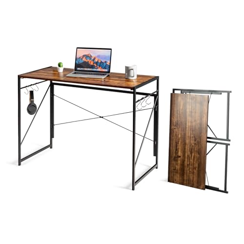 COSTWAY Escritorio Plegable, 100 x 50 cm, Mesa Plegable con 6 Ganchos y Marco de Metal, Ahorra Espacio, Mesa de Trabajo Industrial para el hogar o la Oficina, soporta 115 kg (marrón rústico)